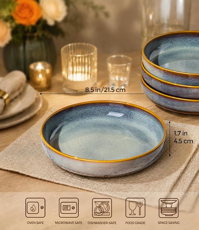 8.5" Ceramic Pasta Bowls Set of 4, Salad Bowls | Versatile Serving Bowls for Pasta, Salad, Fruit & Noodles, Housewarming & Wedding Gift, Dusk Blue