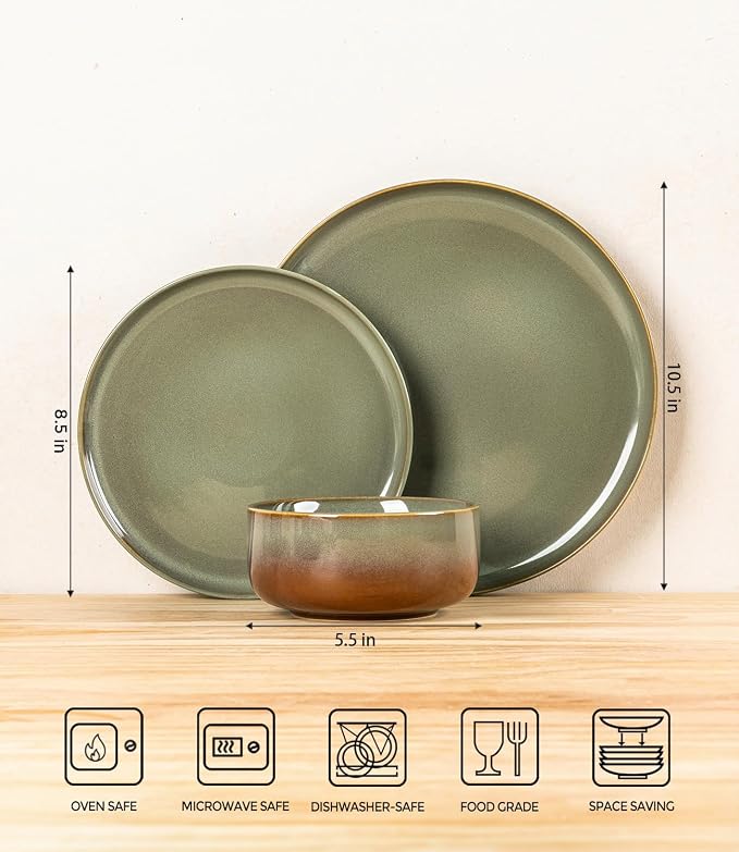 Ceramic Dinnerware Set for 4, 12-Piece Plates and Bowls Set | Handmade Reactive Glaze Dish Set, Scratch Resistant, Oven & Microwave & Dishwasher Safe, Sage Umber