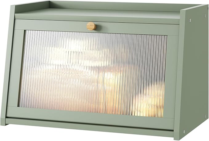 kiplant Green Bread Box for Kitchen Counter, Large Bamboo Bread Storage Container with Wavy Arcylic Door, Bamboo Wooden Farmhouse Bread Box for Your House