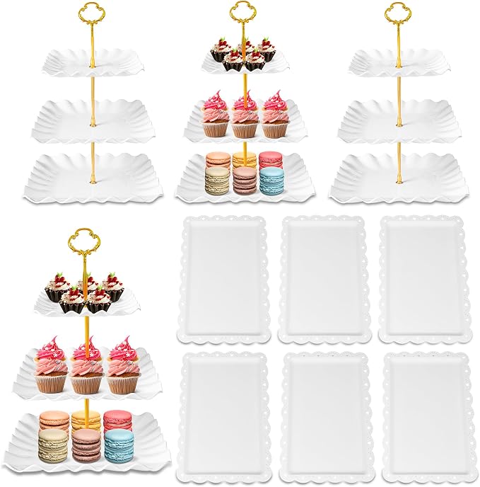 10 Pack Dessert Table Display Set, 4 Three-Tier Square Cupcake Stands and 6 Serving Trays for Cakes, Cupcakes, Pastries and Snacks, Baby Shower Decorations, Bridal Shower, Birthday, Wedding Party