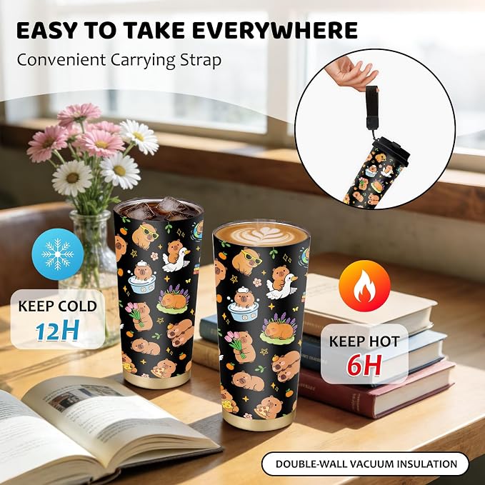 Capybara Water Bottle Stainless Steel 2-in-1 Lid Coffee Tumbler 18 oz Cute Capybara Print Insulated Travel Coffee Mug Capybaras Gifts for Women Girls Birthday Christmas