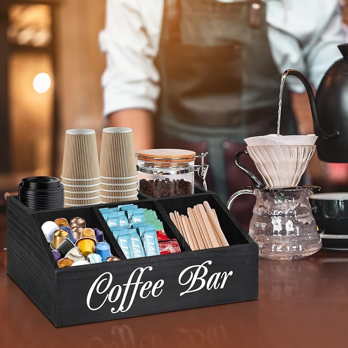 ugiftt Coffee Station Organizer for Counter, Wood Coffee Pods Holder Storage Basket, Tea Condiment Storage Organizer, Rustic Coffee Bar Decor for Coffee Accessories Organizer