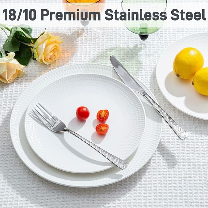 Silverware Set with Serving Utensils, 65 Piece Flatware Set, 18/10 Steel | Hammered Ripple Handles, Serving Utensils, 18/10 Steel, Dishwasher Safe, Rust Resistant, Gift Box, for Weddings & Parties