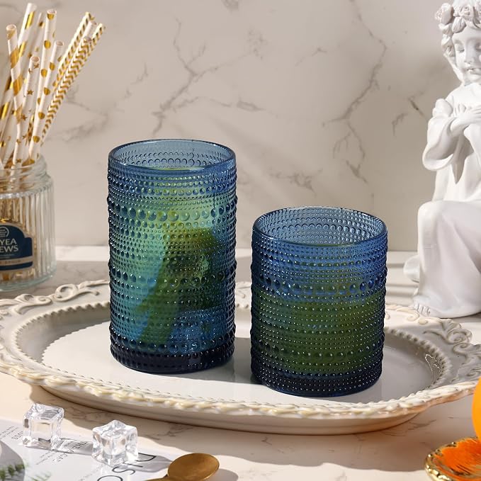 Moretoes 12 Pack Blue Hobnail Drinking Glasses,Vintage Water Glass Cups | Mixed Glassware Set, 6pcs 12oz Highballs and 6pcs 10oz Old Fashioned Glasses, Great for Cocktail, Whisky and Other Beverages