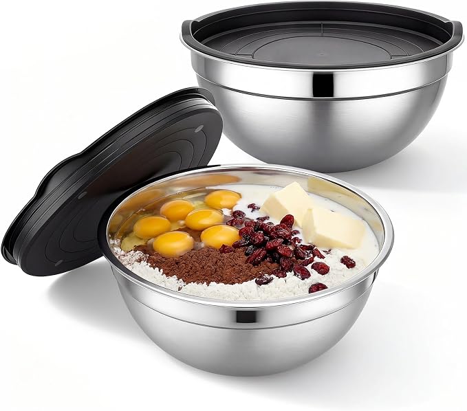 Beasea Stainless Steel Mixing Bowl with Lids, 2 Pack 5 QT Metal Large Stainless Mixing Bowls with Lids Set, Stackable Baking Bowl for Kitchen, Meal Prep, Serving and Cooking