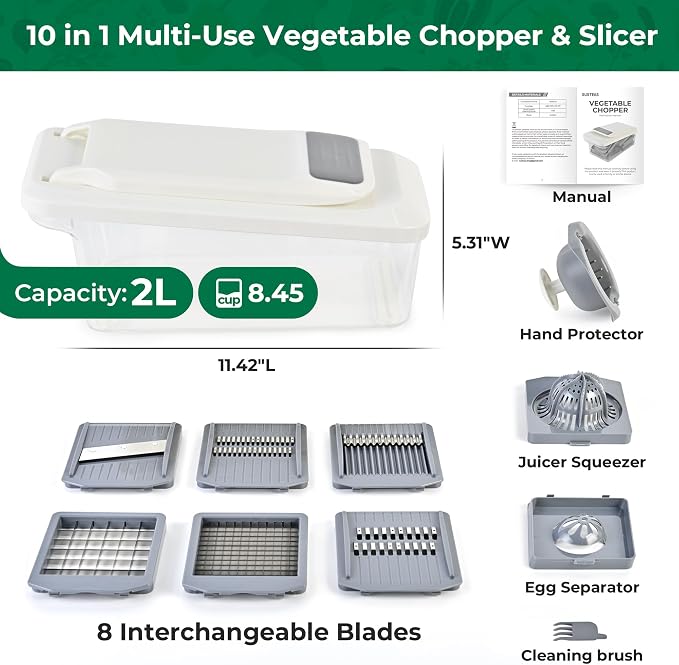 SUSTEAS Vegetable Chopper Mandoline Slicer, 6 Blade Chopper, 10-in-1 Gray | Onion Potato Dicer, Veggie Cutter for Salad, Carrot, Cucumber Home Kitchen Gadgets Accessories Essentials(Grayish White)