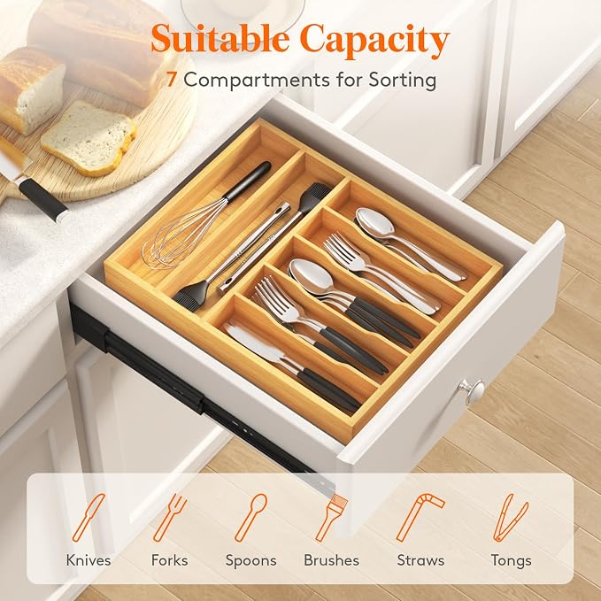 Lifewit Bamboo Silverware Tray for Drawer, 12.9 x 16.5 | Utensil Organizer for Kitchen, Flatware and Cutlery Holder, Storage for Spoons Forks Knives, Natural