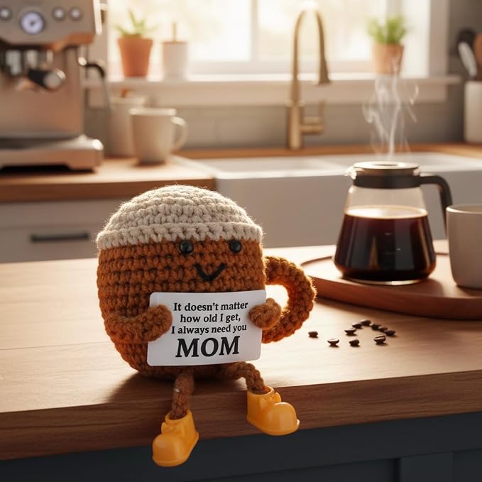Birthday Gifts for Mom from Daughter Son Kids, Cute Crochet Coffee Lover Gift, Funny Meaningful Small Gifts for Women Handmade Desk Decor Mothers Day