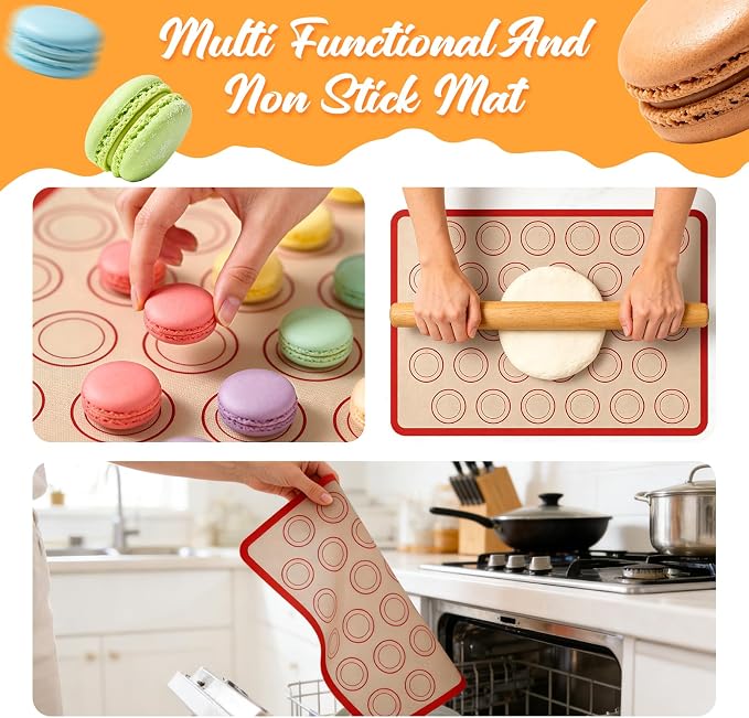 Macaron Silicone Baking Mats, 2 Nonstick Macaroon Mat Silicone, 7 Piping Tips, 2 Piping Bags, 2 Bag Ties, 2 Couplers, 1 Puff Tip, 1 Brushes, 17 Pcs Macaron Baking Kits for Macarons Cookies