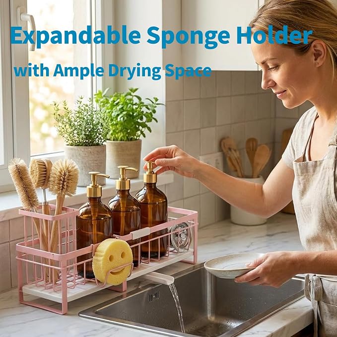 Extra Large Extendable Sponge Holder for Kitchen Sink Caddy Organizer | Rustproof Sink Caddy Organizer with High Brush Holder, Dish Soap Dispenser Organizers and Storage (Black)