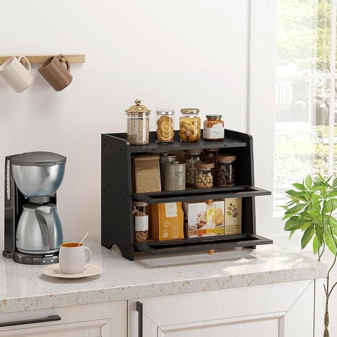 Double Layer Bread Box Container for Kitchen Countertop Homemade Bread | Large Breadbox Storage Wooden Farmhouse Bread Holder (Black, Large-16.54" L x 9.84" W x 14.96" H)