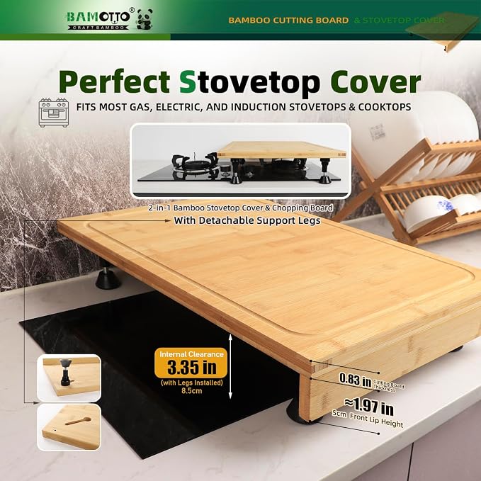 BAMOTTO CRAFTBAMBOO 16 x 22 Inch Bamboo Cutting Board — Stovetop Cover, Over the Sink Board with Detachable Legs & Non-Slip Lip, Juice Groove, Kitchen Countertop Extender for Apartment, RV