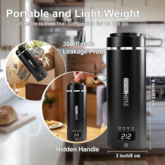 Travel Kettle, Portable Electric Kettle for 4 Temperature Controls, Black | 304 Stainless Steel Liner, Auto Shut-off, 300W (120V) Fast Boiling, Water Bottle for Business Trips, Dorm & Office, 450ml
