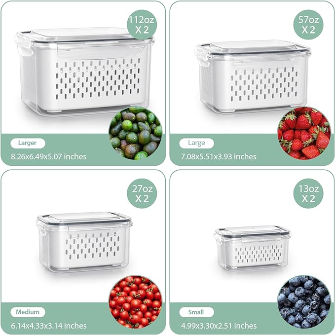 Fruit Storage Containers for Fridge with Removable Colander, 8 Pack Fruit Containers for Fridge with 2 Function Divider Plate, Airtight Storage Container to Keep Berry Fruit Fresh, Dishwasher Safe