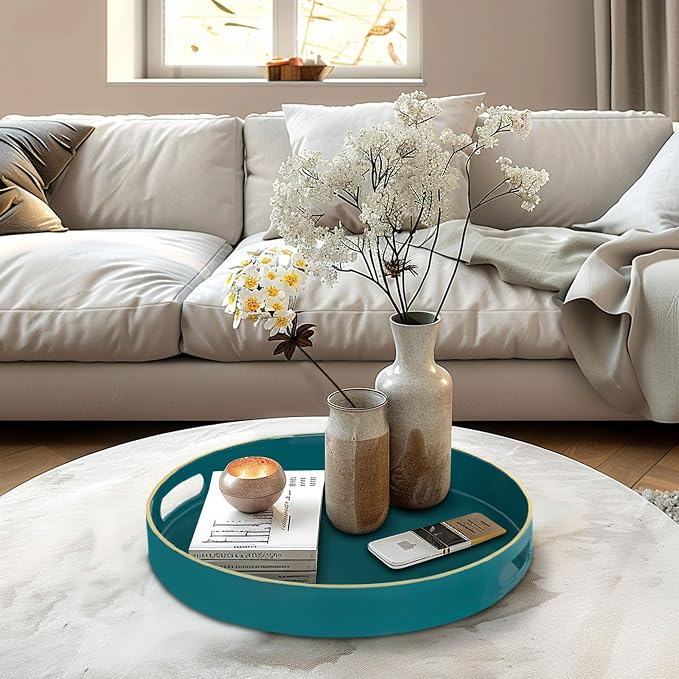 13" Teal Decorative Tray, Plastic Round Serving Tray with Handles | Green Decorative Tray for Coffee Table, Modern Ottoman Tray, Circle Tea Tray, Round Melamine Tray for Living Room, Bathroom