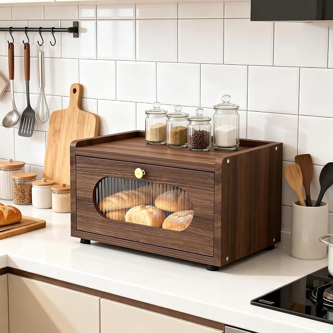 Garvee Bread Box for Kitchen Countertop, Wooden Breadbox Holder Container, Small Vintage Counter Top Breadbox, Farmhouse Stackable Organizer Bin for Homemade Food Shelf Acrylic Window Brown