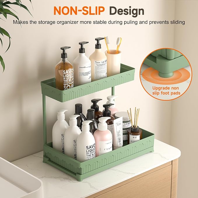 3-Pack 2-Tier L-Shaped Under Sink Organizers with Sliding Drawers | Multi-use kitchen & bathroom storage, 14.85 inch green cabinet organizer, space-saving sliding drawer design.