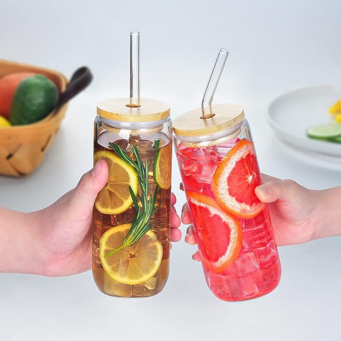 20 Oz Drinking Glasses - 6 Pcs Glass Cups with Bamboo Lids and Straws | Food-grade durable clear tumbler, Coffee bar accessories, Aesthetic gift, For beer, Iced tea, Include 2 cleaning brushes