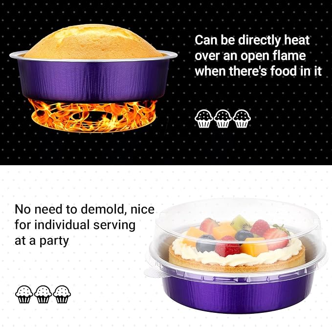 Beasea 7.3oz Cheesecake Pan with Lids, 20 Pack 4 Inch Round Aluminum Foil Disposable Tart Tins, Cupcake Container with Lids Mini Pie Tart Pans Baking Cups For Pizza Quiche - Violet Purple