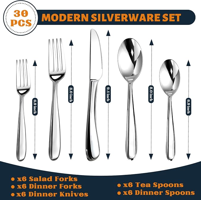 Silverware Set for 6, Heavy Duty Stainless Steel Silverware Set,30 Piece | Mirror Polished Premium Modern Cutlery Flatware Set include Fork Knife Spoon Set,Dishwasher Safe,Utensil set