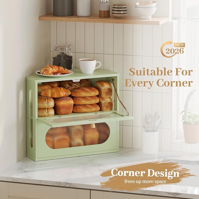 Corner Bread Box for Kitchen Countertop, 2026 New Double Layer Bamboo Bread Storage Bin, Large Bread Container for homemade bread (Green)