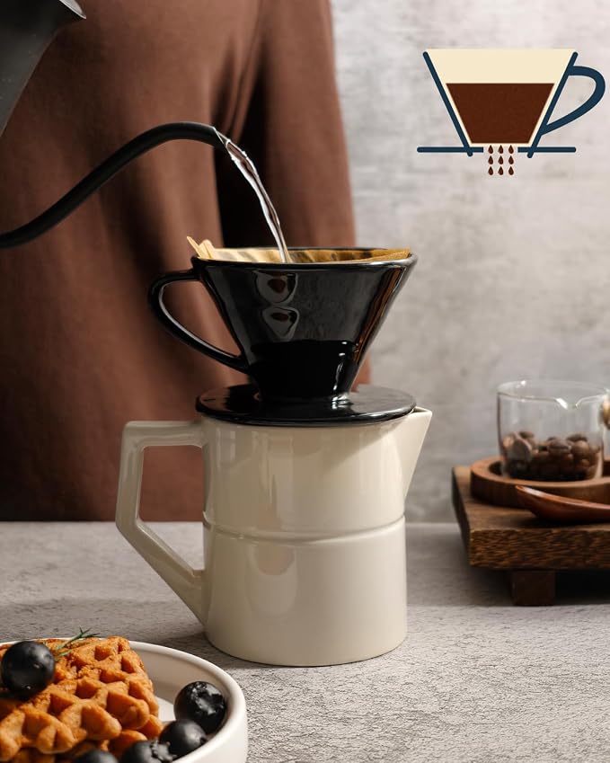 Pour Over Coffee Maker, Single Cup Ceramic Coffee Dripper, Reusable Filter Cone Drip Holder Slow Brewer with Hole Flat Bottom for Home, Office, Travel, Camping (Black)