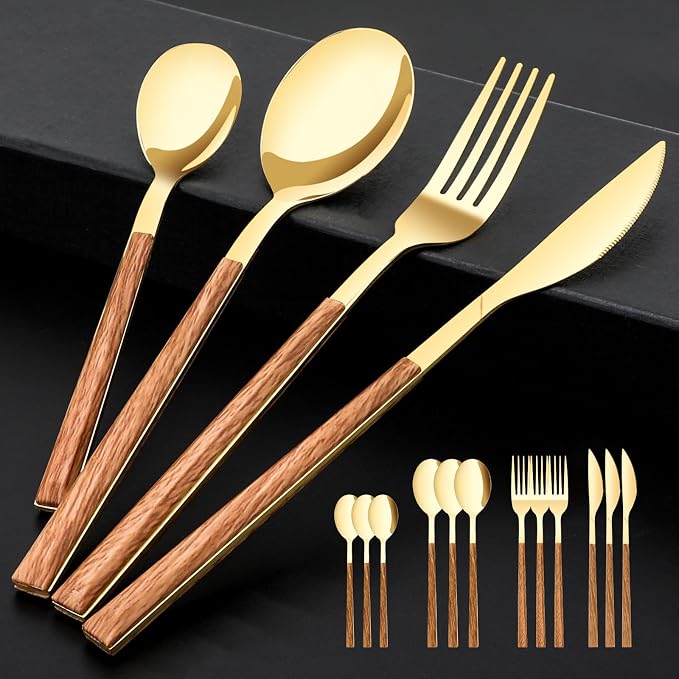 Stainless Steel Flatware Set for 4, Cutlery Utensils Set,Gold | Include Knives/Forks/Spoons Service for 4, Mirror Polished and Dishwasher Safe for Home, Restaurant, Wedding