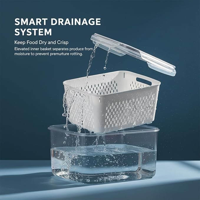 Food Storage Containers for Fridge with Removable Colander,Leakproof Food Storage Containers,Dishwasher Safe Produce Saver, Keep Berry Fruit Fresh Longer (850ML+1750ml+3300ml)