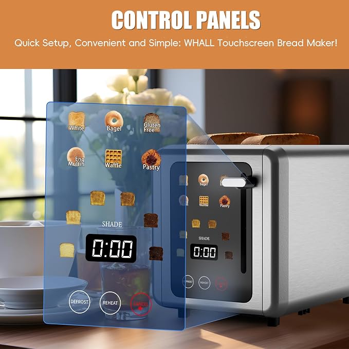 WHALL 2 Slice Toaster, Smart Full Touch Screen, Extra Wide Slots, Silver | Stainless Steel, 6 Shade Settings, Reheat/Defrost/Mute/Standby/Cancel, Bread Bagel Gluten-Free Waffle Pastry, Digital Timer