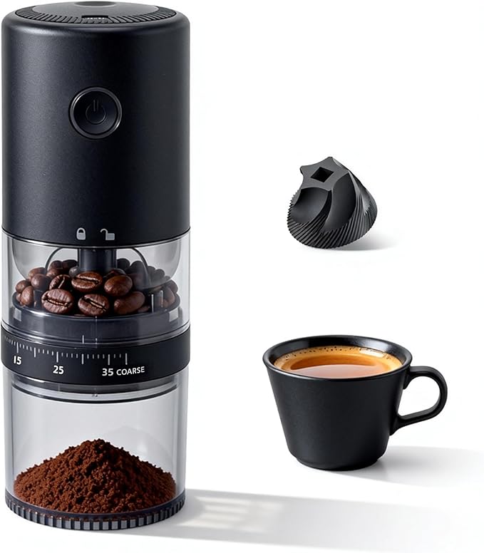 LAMIDO Portable Electric Burr Coffee Grinder - Grind While Charging - Visual Bean Hopper - 38 External Grind Settings - 1.8X Faster Grinding - 2000 mAh Battery for Travel, Camping (Matte Black, E96T)