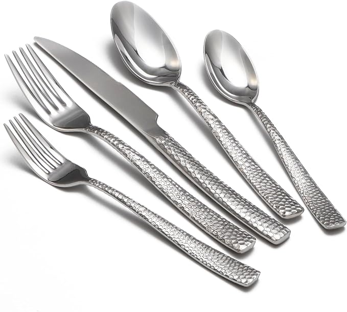 Hammered silverware set, 40 Piece Stainless Steel Flatware Set for 8, Food-Grade Tableware Cutlery Set for Home Restaurant, Mirror Polished, Dishwasher Safe