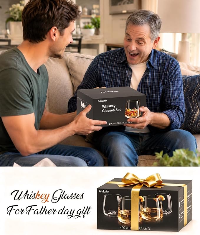 Whiskey Glasses Lead-Free Crystal Old Fashioned Glass Clear Set of 6 13.5oz | whiskey glasses with ergonomic curved shape, Holds ice balls，elegant gift choice for whiskey lovers