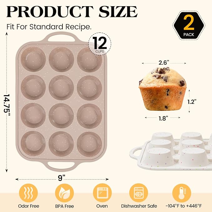 Vinino 2Pack Silicone Muffin Pans for Baking with Metal Reinforced Frame, 12 Cups Regular Size Nonstick Silicone Cupcake Pan, BPA Free Oven Dishwasher Safe Baking Mold for Muffins Cupcakes