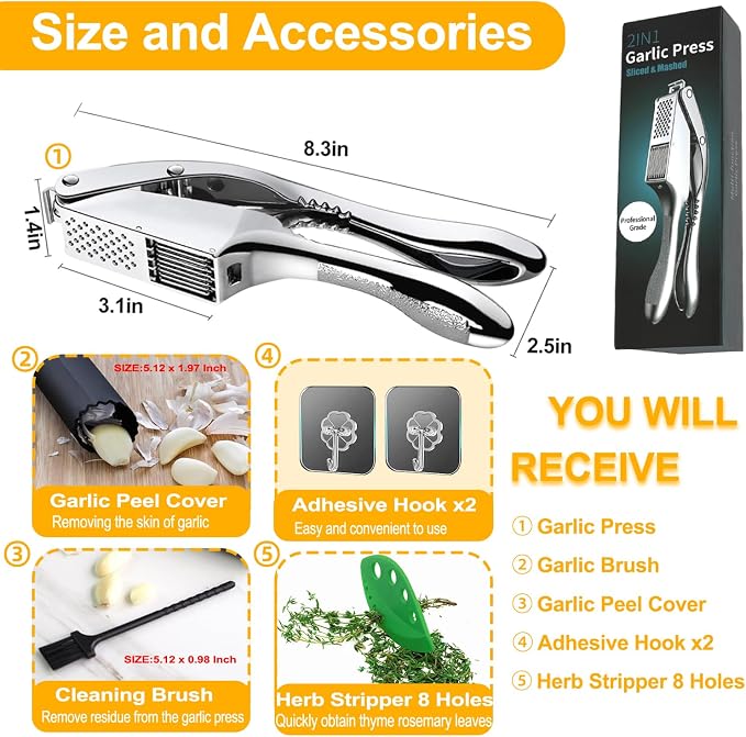 Garlic Press and Slicer 3 In 1, Food Grade Stainless Steel Garlic Mincer Chopper Crusher Garlic Press Kitchen Tool with Garlic Peeler Skin Remover and Clean Brush