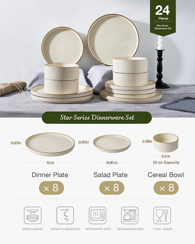 Famiware Stoneware Dinnerware Set for 8, Rimmed Plates, Bowls, Cream Dishes | 24-Piece Ceramic Dishes, Chip & Scratch Resistant , Microwave & Dishwasher Safe, Everyday Dining, Modern Rustic, Lipped Edges