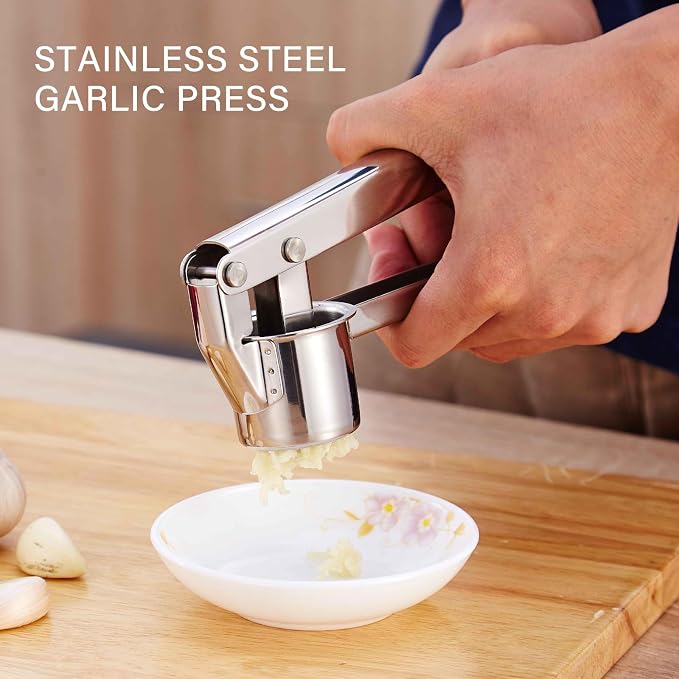 Garlic Press Stainless Steel - Premium Professional Grade Garlic Mincer, Crusher & Peeler Set - Easy Clean, Dishwasher Safe & Rust-proof (B)