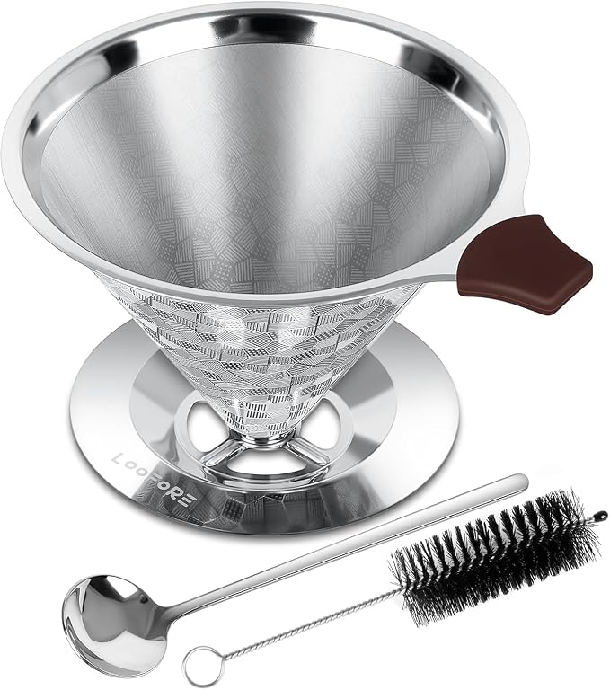 Pour Over Coffee Dripper, Double Mesh with Spoon and Cleaning Brush | Stainless Steel Coffee Filter 1-4 Cup, Metal Cone Filter Paperless, Reusable, Metal Strainer