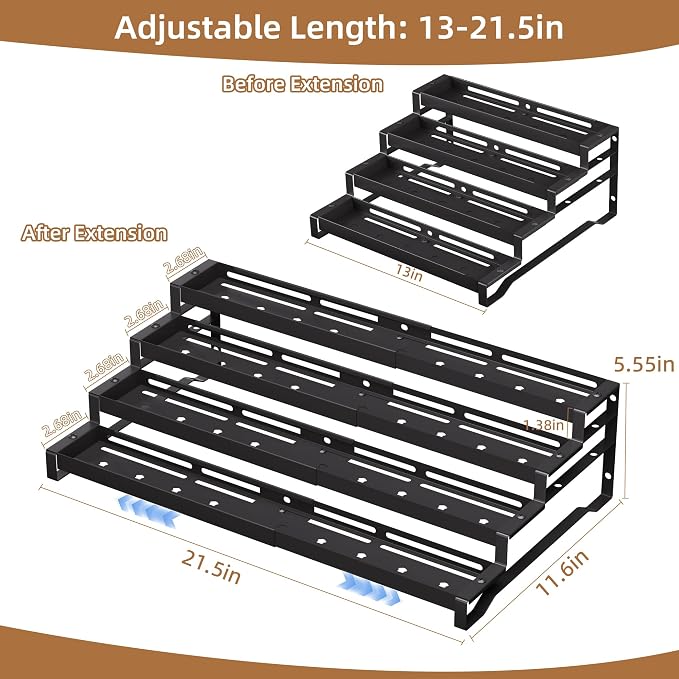 Expandable Spice Rack Organizer for Cabinet 4 Tier Spicy Shelf Black 1Pack | Adjustable Length 13"-21", Easy to See Labels, Sturdy Metal, Slip-Resistant Guardrails for Jars, Cabinet & Countertop Storage