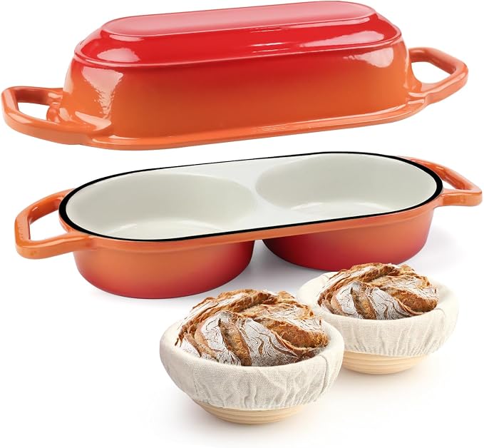 YONILL Mini Double Dutch Oven with Lid for Sourdough Bread Baking (Orange) | Enameled Cast Iron Pot with Lid, 5" Banneton Bread Proofing Basket Include, Dual Round Bread Loaf Pan for Homemade Baking