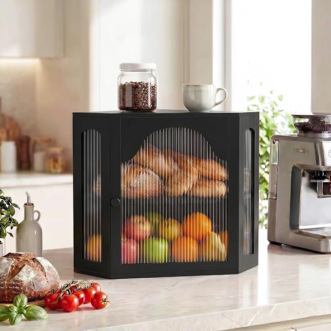 2-Tier Corner Bread Box for Kitchen Countertop with Acrylic Wavy Door Panel | Bread Storage for Homemade Bread, Large Bamboo Vintage Farmhouse Bread Bin, Cabinet Cupboard Pantry, Black, Meduim