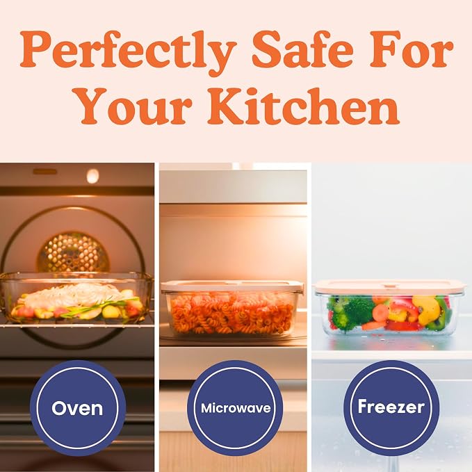 Non-Toxic Glass Food Containers with Lids, 4-Pack, 35 oz, Airtight, Beige | Plastic & BPA free. Glass body, glass lid & platinum silicone seal. Airtight & leakproof. Freezer & microwave safe.