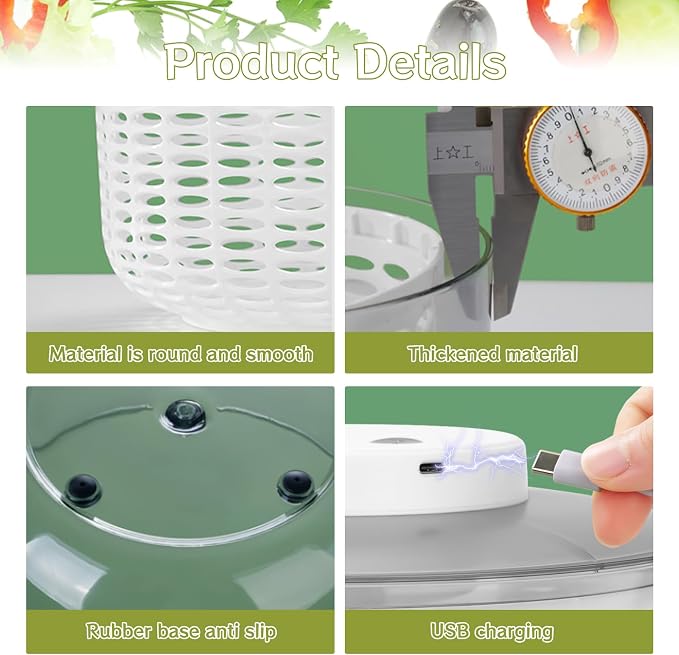 Electric Salad Spinner, 6L Vegetable Washer Dryer with 350ml Squeeze Bottle | Large Capacity Automatic Vegetable Washer Drainer Strainer for Fruit Drying, USB Lettuce Spinner Cleaner for Home Kitchen