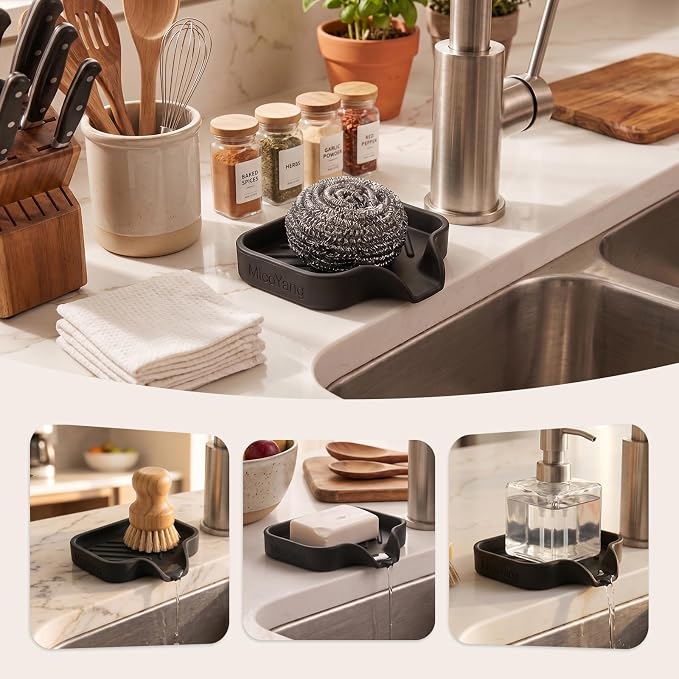 MicoYang Silicone Soap Dish with Drain Spout, Self-Draining Sink Organizer Tray for Bathroom and Kitchen, Sponges, Dispensers and Soap Holder, Non-Slip and Dishwasher Safe, Black (Compact, 4.9"×3.2")