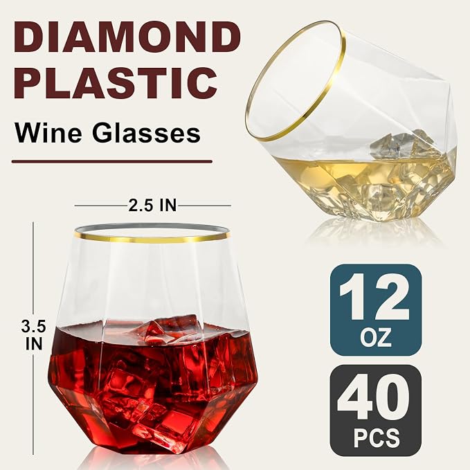 Goodluck 40PCS 12oz Diamond Stemless Plastic Wine Whiskey Glasses,Gold Rim | Disposable Cocktail Glasses, Suitable for Weddings, Birthday Parties, Family Gatherings, Bars, etc