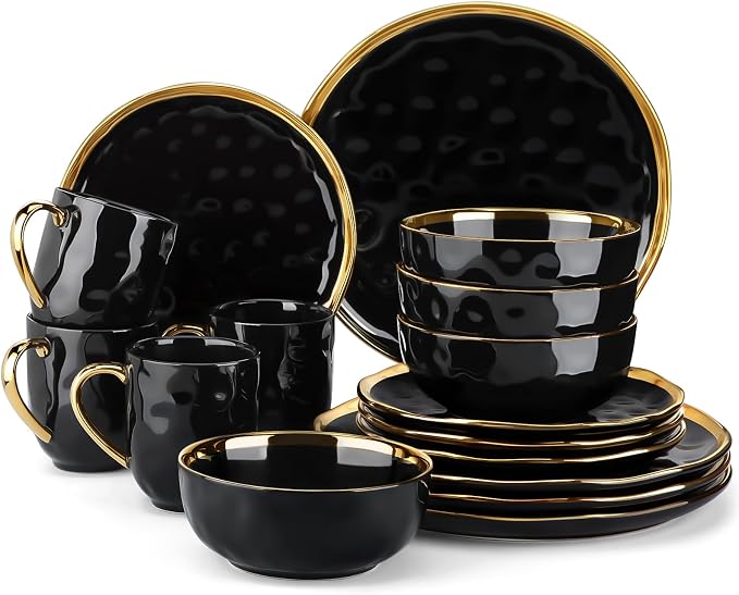 LOVECASA 16 Pieces Plates and Bowls Sets, Porcelain Black and Gold Dinnerware Sets, Round Dinner Plates Dishes Set Service for 4, Dishwasher Safe and Scratch Resistant, Black
