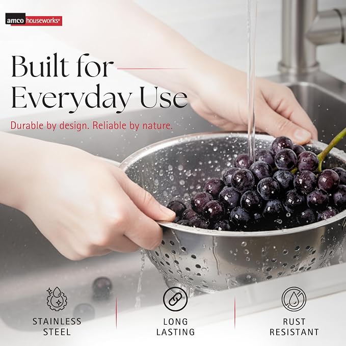 Amco 3-Piece Stainless Steel Colander Set, 1.5 Qt, 3 Qt & 5 Qt - Silver | Durable Strainers with Easy-Grip Handles for Pasta, Fruits, Vegetables & Salad, Fast Draining, Stackable, Dishwasher Safe