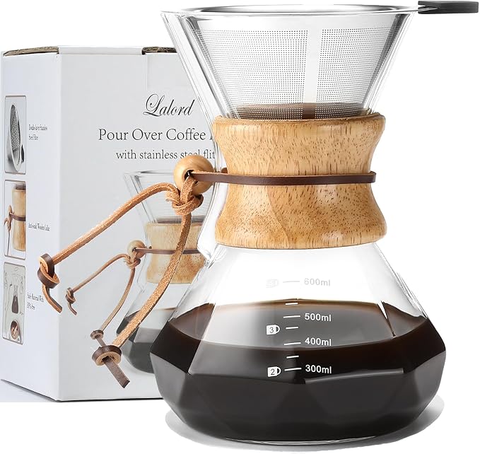Lalord Pour Over Coffee Maker, 600ml/20oz Borosilicate Glass Carafe with Stainless Steel Filter & Wooden Collar, 3-4 Cups Capacity, Clear