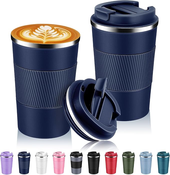Volhoply 13 oz Stainless Steel Insulated Travel Coffee Mug with Fip Lid Bulk 2 Pack,Reusable Double Wall Vacuum Metal Coffee Cup,Portable Leak Proof Thermal Tumbler for Hot & Cold Drinks(Navy,2)