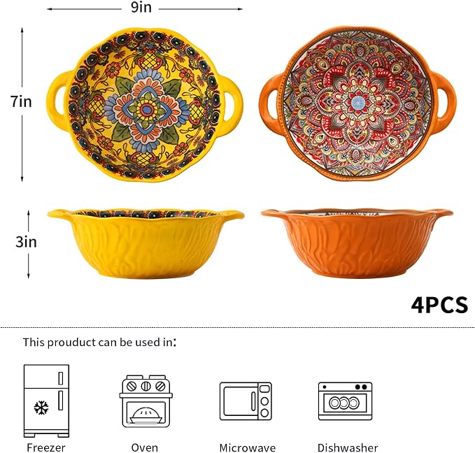 XKXKKE 4 Pack Boho Ceramic Serving Bowls with Handles, 40 Oz Porcelain Salad Bowls, Large Serving Dishes for Entertaining, Mixing Bowls for Soup, Stew, Pasta, Cereal, Colorful Embossed Cute Bowls Set