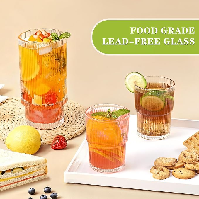 Ribbed Drinking Glasses Set of 8, Stackable Glass Cups with 4 Tall 16 oz Highball Glasses and 4 Short 7 oz Tumblers for Iced Coffee, Water, Cocktails and Whiskey